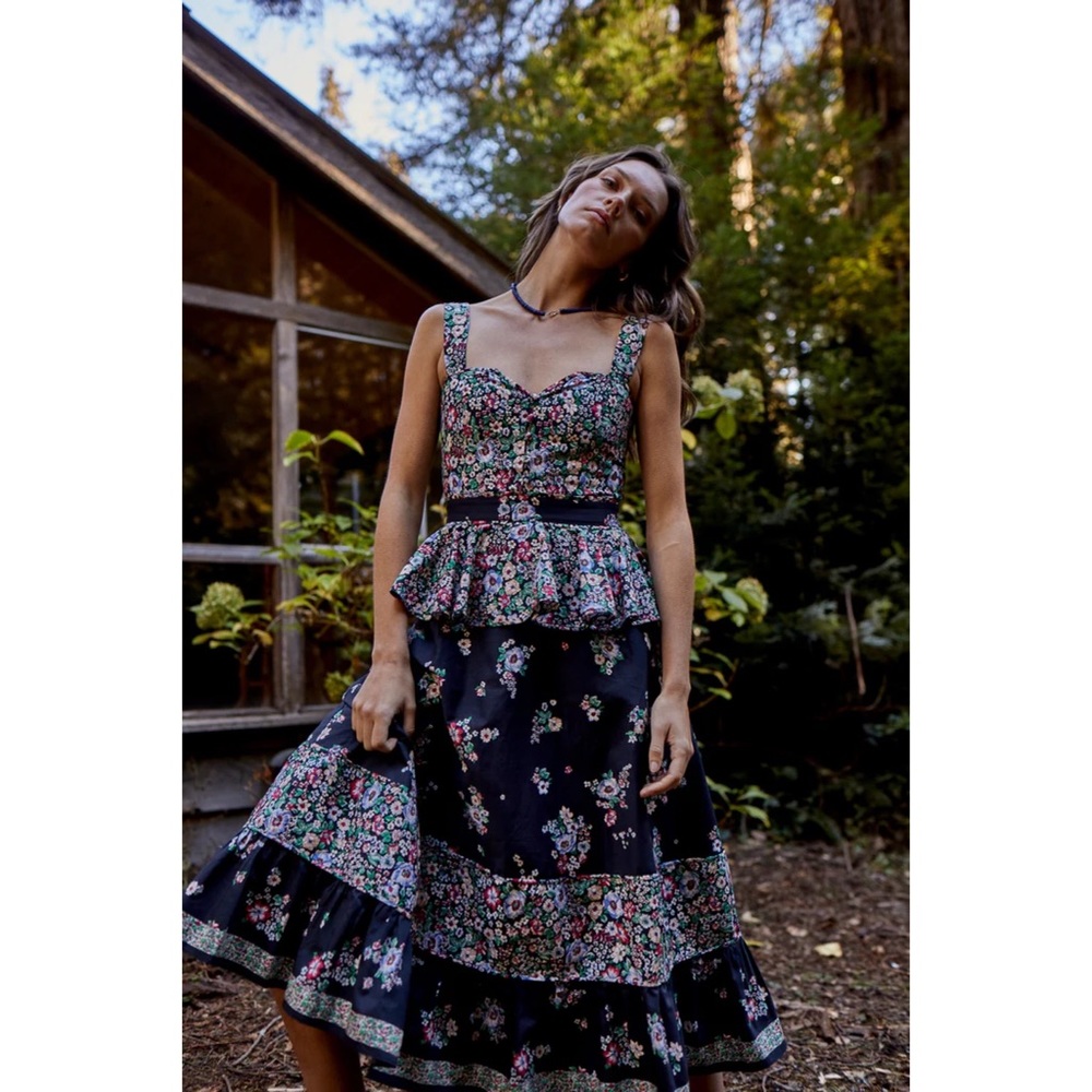 Hunter Bell Lacey Floral Patchwork Ruffle Peplum Midi Dress